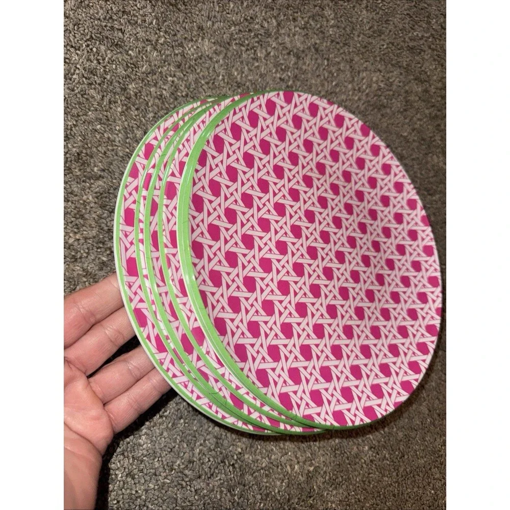 6 Pink Green Cynthia Rowley Melamine 9” Plates Geo Wicker Cane Pattern Preppy
